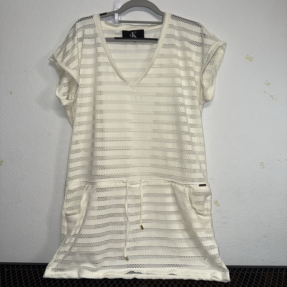 Calvin Klein Women's Basic‎ Drawstring Swim Coverup Medium Ivory